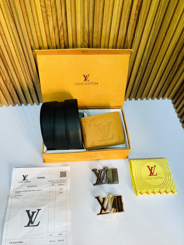 LOUIS VUITON PRINTED PREMIUM QUALITY 2pcs LOCK BELT WALLET COMBO