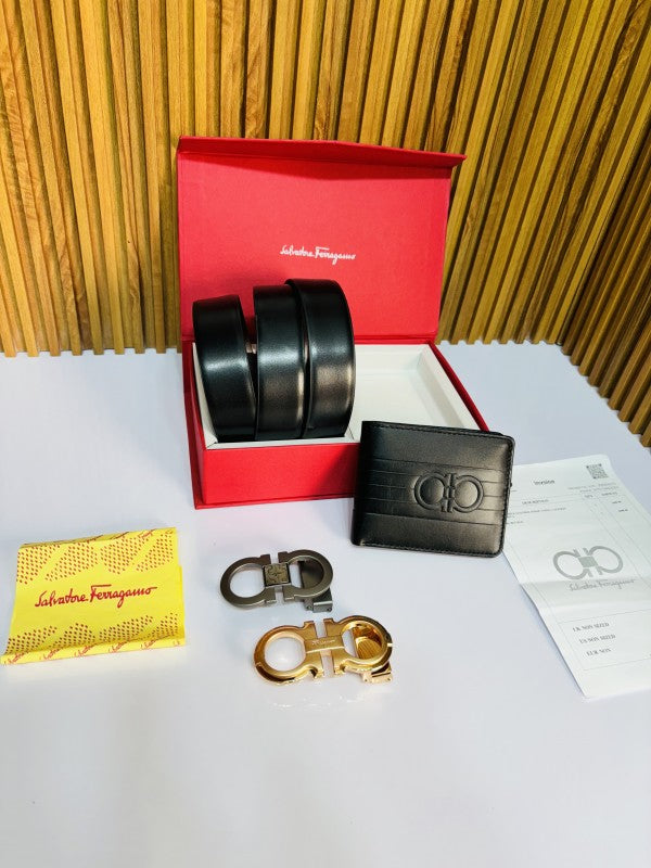 SALVATORE FERRAGA M PRINTED PREMIUM QUALITY 2pcs LOCK BELT WALLET COMBO