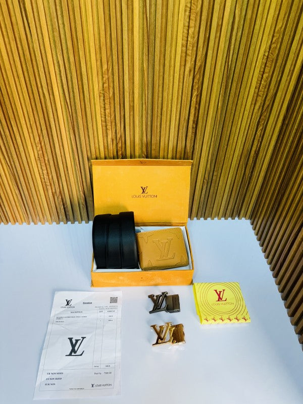 LOUIS VUITON PRINTED PREMIUM QUALITY 2pcs LOCK BELT WALLET COMBO