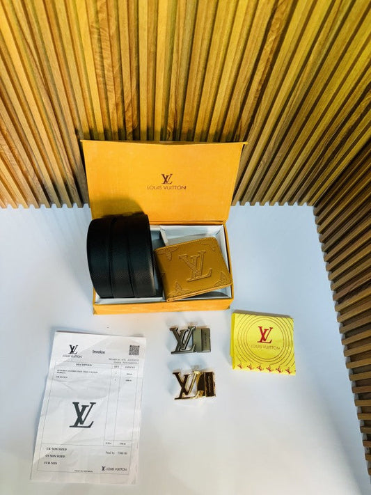 LOUIS VUITON PRINTED PREMIUM QUALITY 2pcs LOCK BELT WALLET COMBO