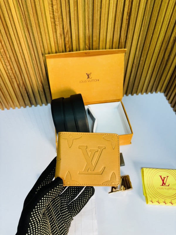 LOUIS VUITON PRINTED PREMIUM QUALITY 2pcs LOCK BELT WALLET COMBO