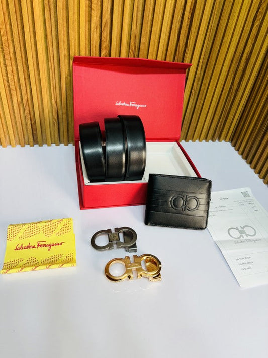 SALVATORE FERRAGA M  PRINTED PREMIUM QUALITY 2pcs LOCK BELT WALLET COMBO