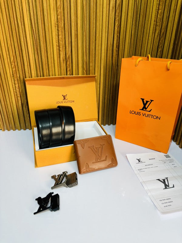 LOUIS VUITTO N PRINTED PREMIUM QUALITY 2pcs LOCK BEKT WALLET COMBO
