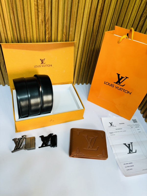 LOUIS VUITTO N PRINTED PREMIUM QUALITY 2pcs LOCK BEKT WALLET COMBO